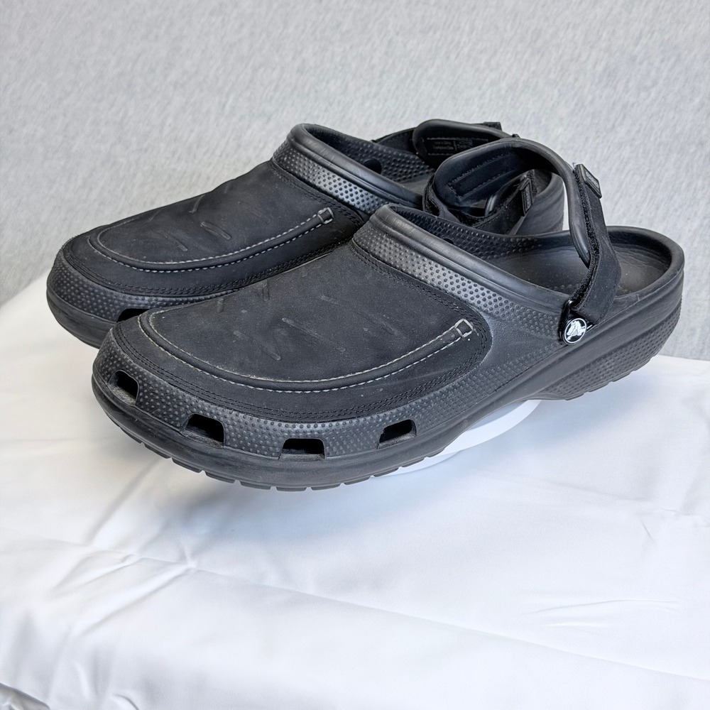 Crocs Yukon Sport Black Leather Overlay Clogs Mens 15 Adjustable Strap 10585